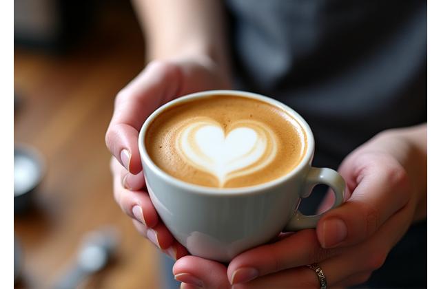 Tangan membuat latte art berbentuk hati di atas cawan kopi