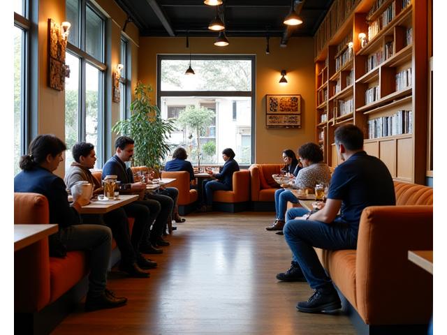 Suasana kafe yang selesa dengan pelanggan berbual dan belajar