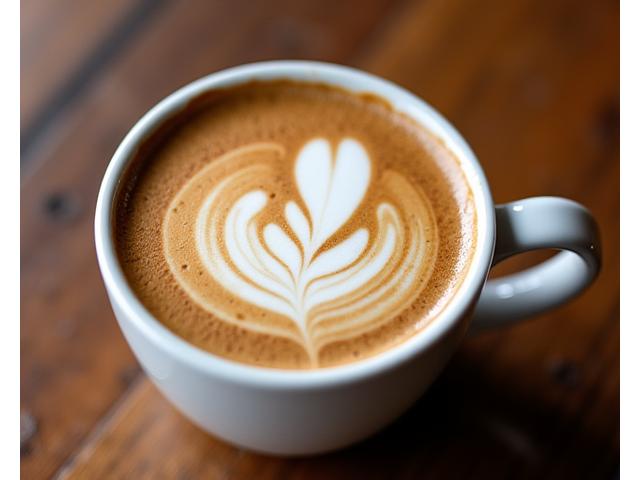 Seni latte yang indah di atas cawan kopi