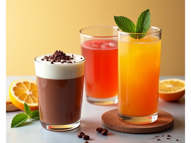 Pilihan minuman bukan kopi: Coklat panas disiram coklat cair, teh artisan dalam cawan kaca, dan jus segar.