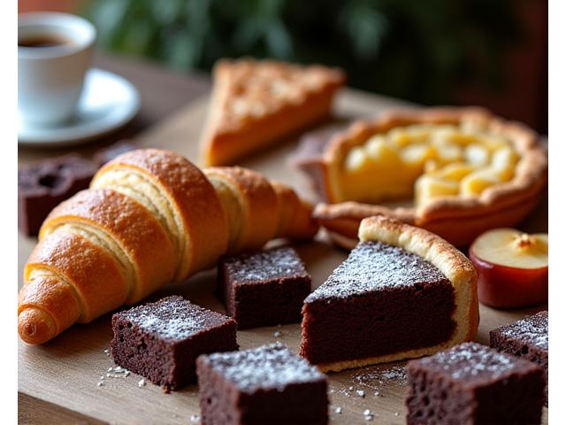 Meja yang dipenuhi dengan pelbagai pastri dan kek artisanal: croissant, kek coklat, pai epal, dan brownies.