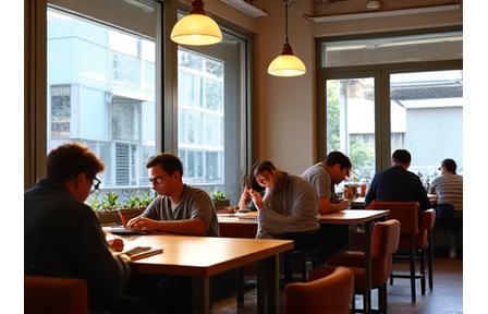 Pelanggan bekerja dengan tenang di laptop mereka di kafe Sifir Square